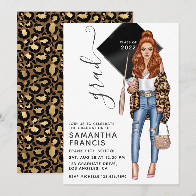 Brunette Leopard Girl Graduation Party Invitation (Front/Back)