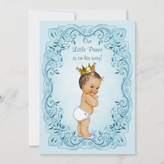 Brunette Little Prince Blue Leaves Baby Shower Invitation (Front)