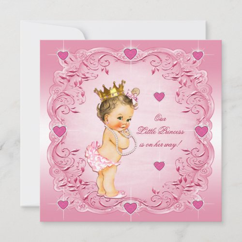 Brunette Little Princess Love Hearts Baby Shower Invitation