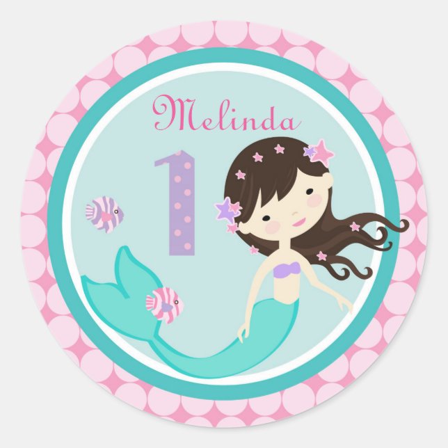 Brunette Mermaid Age One Birthday Sticker (Front)