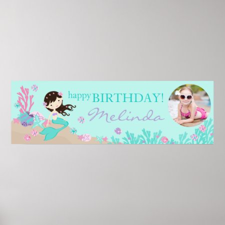 Brunette Mermaid Birthday Banner Poster