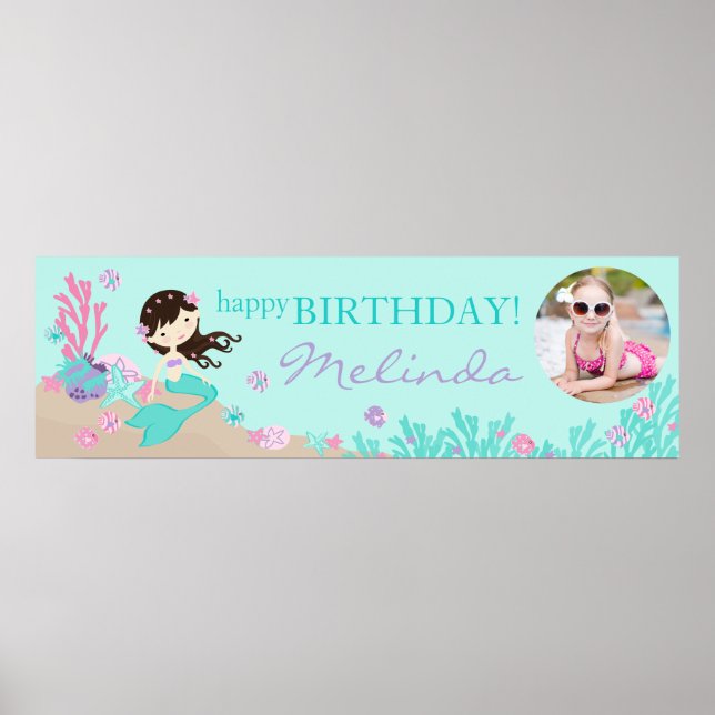Brunette Mermaid Birthday Banner Poster (Front)