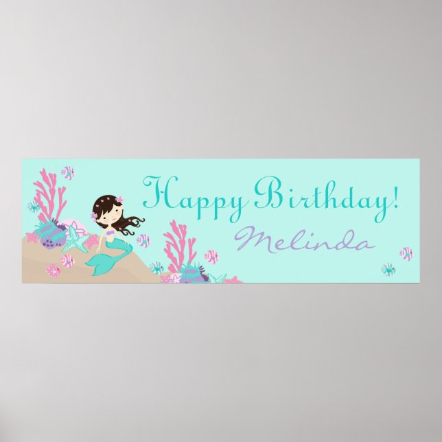 Brunette Mermaid Birthday Banner Poster (Front)