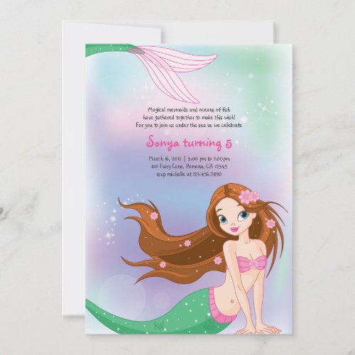 Brunette Mermaid Birthday Invitation Card