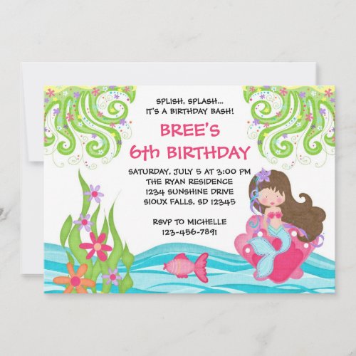 Brunette Mermaid Birthday Invitations