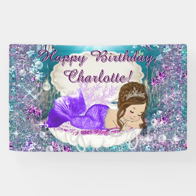 Brunette Mermaid Birthday Party Banner (Horizontal)