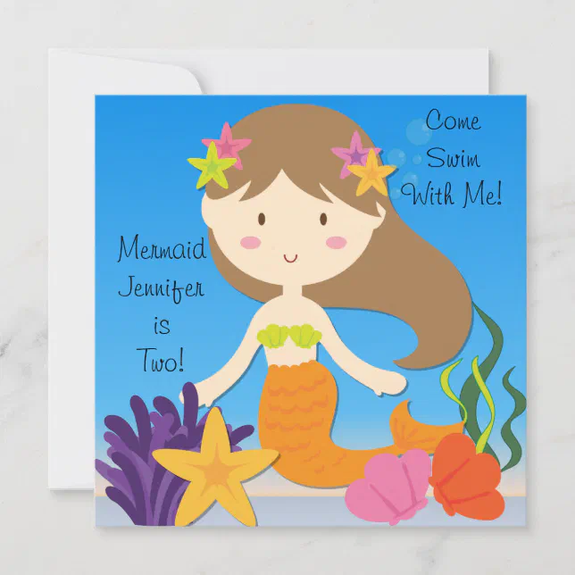 Brunette Mermaid Custom Birthday Invitation | Zazzle