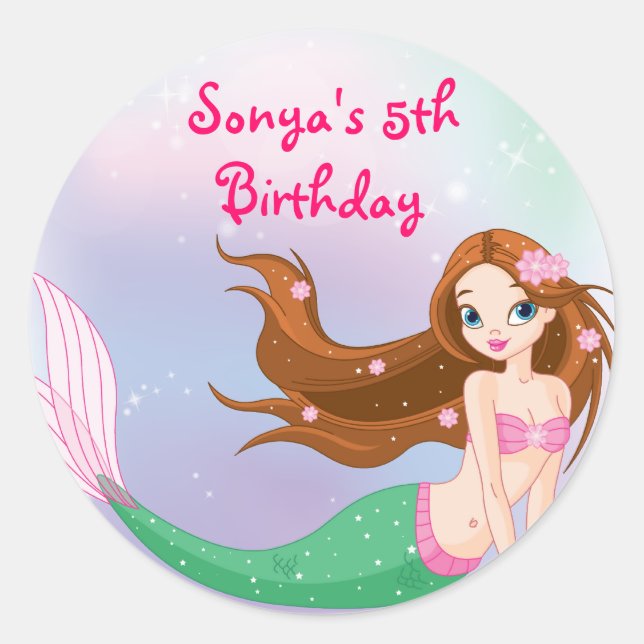 Brunette Mermaid Favor Bag Sticker (Front)