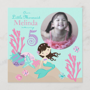 Brunette Mermaid Fifth Birthday Invitation