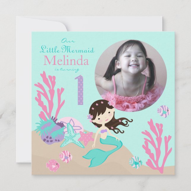 Brunette Mermaid First Birthday Invitation (Front)