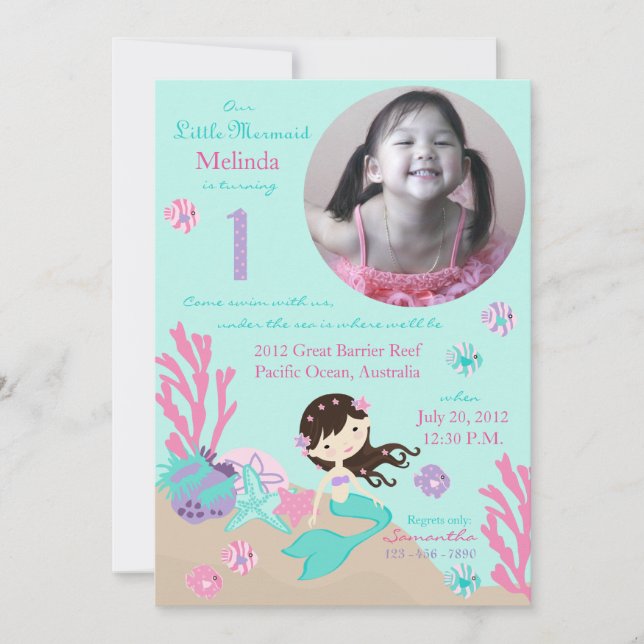 Brunette Mermaid First Birthday Invitation (Front)