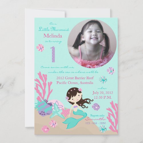 Brunette Mermaid First Birthday Card