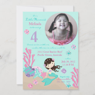 Brunette Mermaid Fourth Birthday Invitation