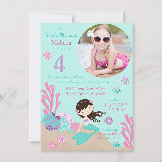 Brunette Mermaid Fourth Birthday Invitation (Front)