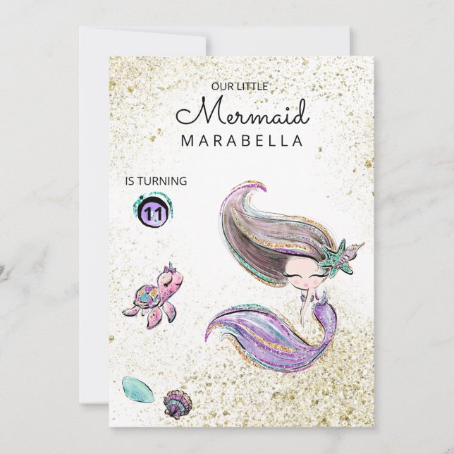 *~* Brunette Mermaid Gold Glitter Hair Birthday Invitation (Front)