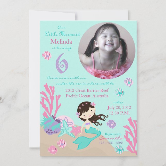 Brunette Mermaid Sixth Birthday Invitation (Front)
