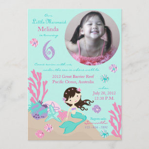 Brunette Mermaid Sixth Birthday Invitation