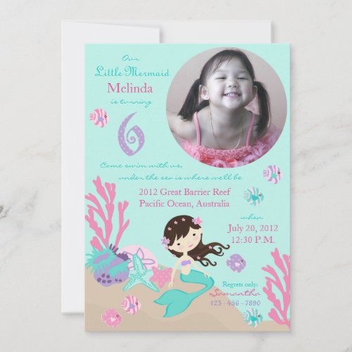 Brunette Mermaid Sixth Birthday Invitation