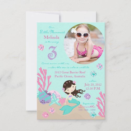 Brunette Mermaid Third Birthday Invitation