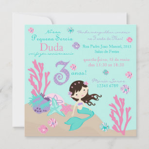 Brunette Mermaid Third Birthday Invitation