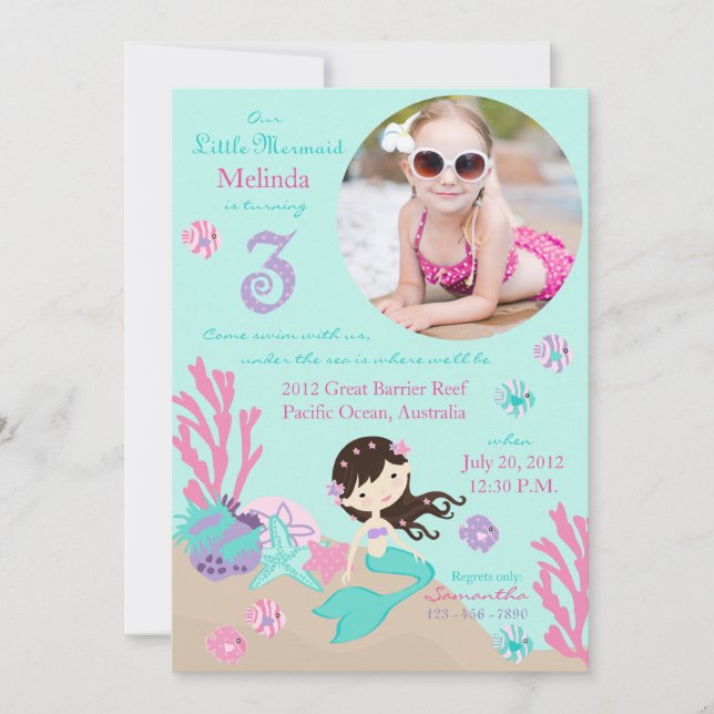 Brunette Mermaid Third Birthday Invitation (Front)