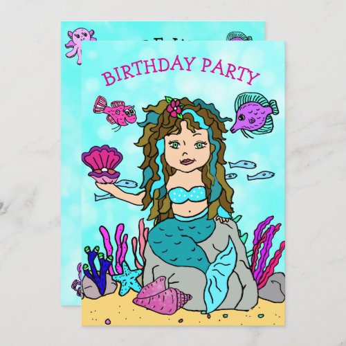 Brunette  Mermaid Under the Sea Birthday Party Invitation