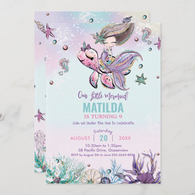 Brunette Mermaid Under the Sea Birthday Party Invitation (Front/Back)