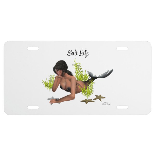 Brunette Mermaid With Starfish License Plate (Front)