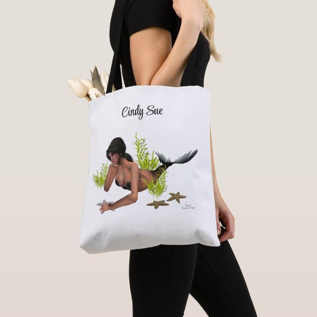 Brunette Mermaid With Starfish Tote Bag (Close Up)