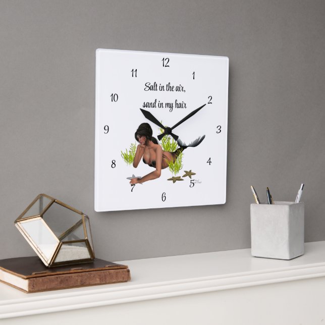 Brunette Mermaid With Starfish Wall Clock (Office)