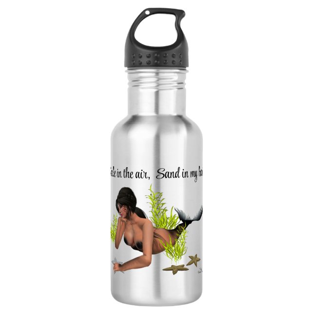 Brunette Mermaid With Starfish Water Bottle (Front)