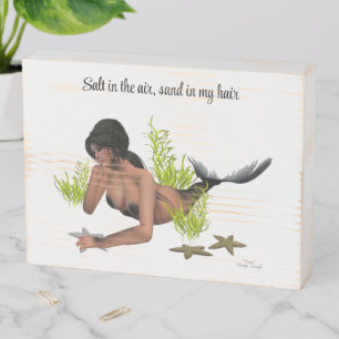 Brunette Mermaid With Starfish Wood Box Plaque