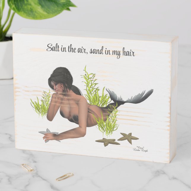 Brunette Mermaid With Starfish Wood Box Plaque (In Situ Horizontal)