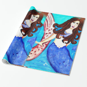 brunette mermaid wrapping paper