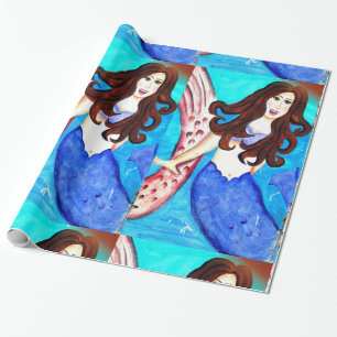 brunette mermaid wrapping paper