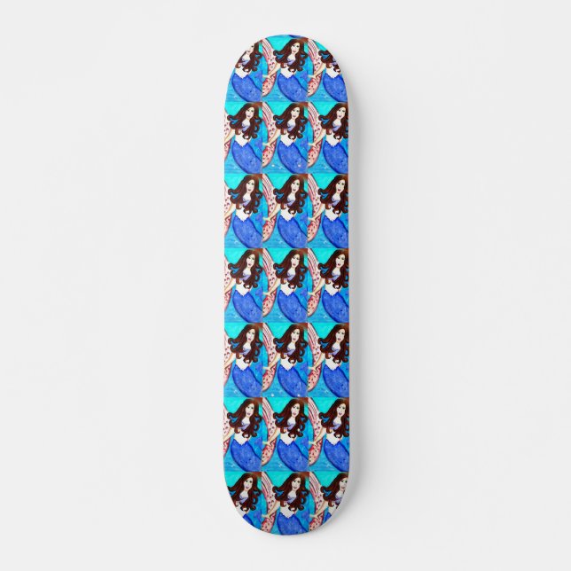 brunette mermaids blue skateboard deck (Front)