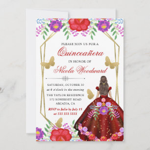Brunette Mexican Floral Dress Quinceañera Invitation