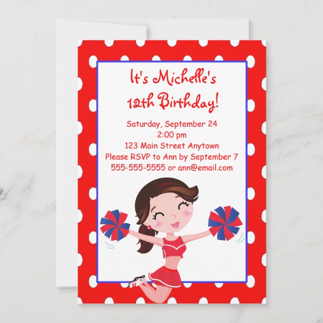 Brunette Navy Red Cheerleader Invitations (Front)