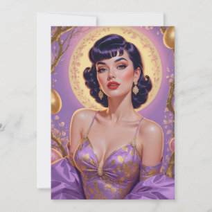 Brunette Pin-Up Easter Eggs Gold and Purple Holiday Card