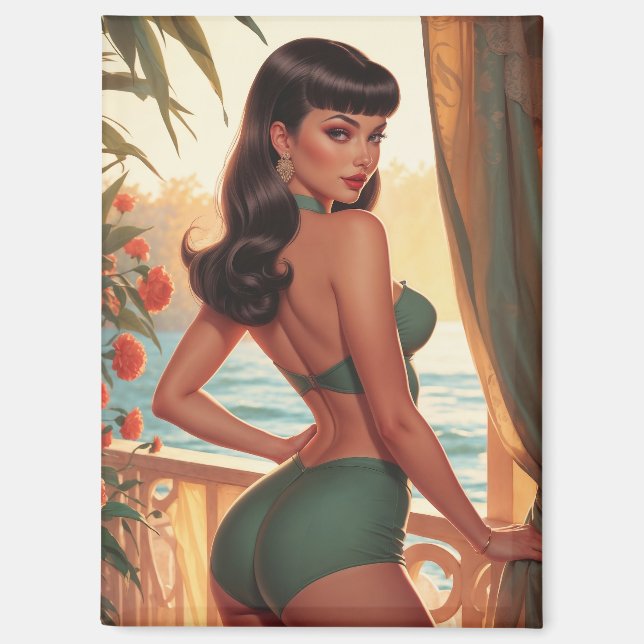 Brunette Pin-Up Green Bikini Seaview Balcony Magnet (Front)