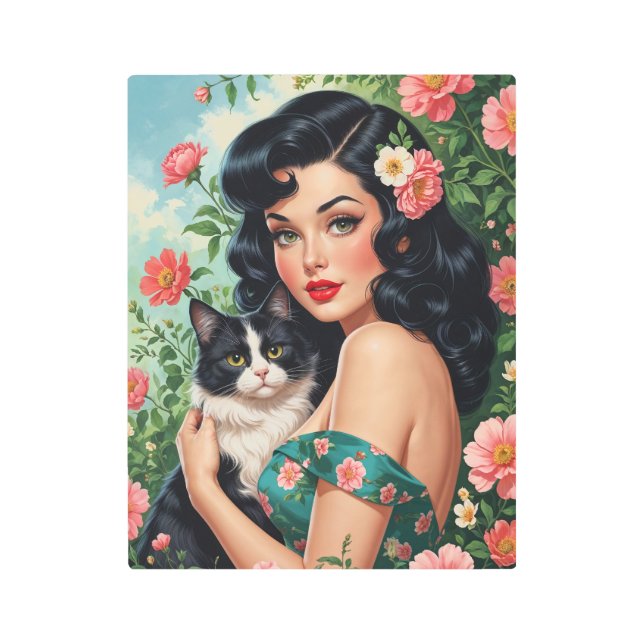 Brunette Pin-Up holding Cute Cat Metal Print (Front)