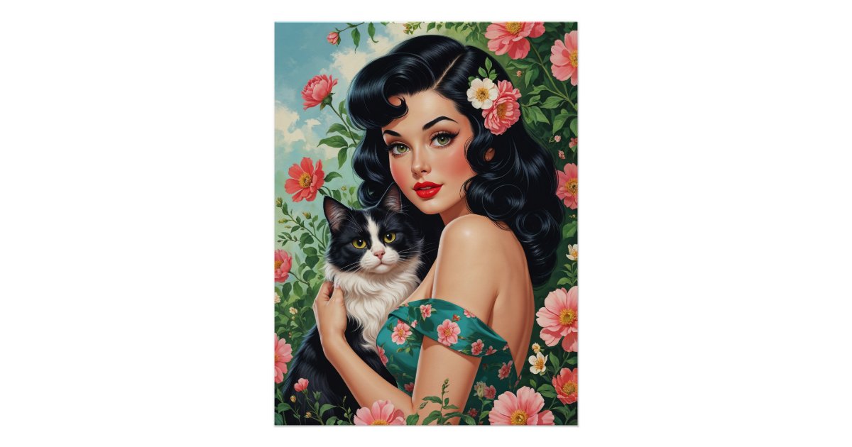 Brunette Pin-Up holding Cute Cat Poster | Zazzle