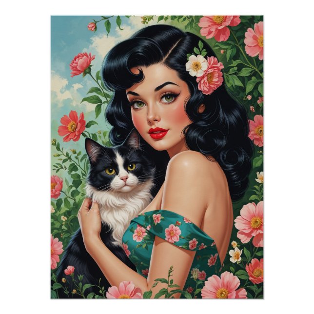 Brunette Pin-Up holding Cute Cat Poster (Front)