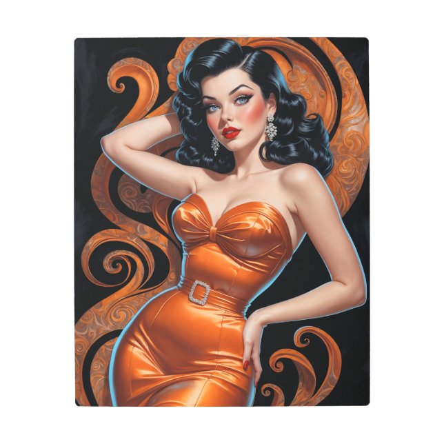Brunette Pin-Up Orange Dress Metal Print (Front)
