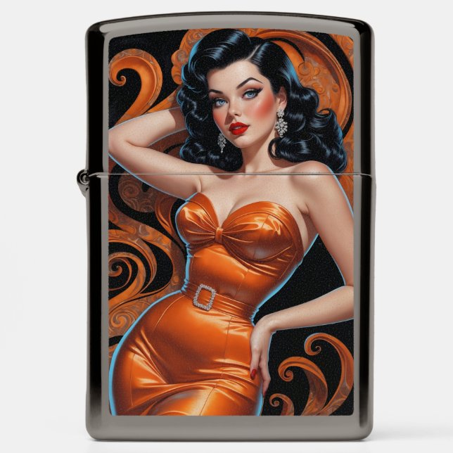 Brunette Pin-Up Orange Dress Zippo Lighter (Front)
