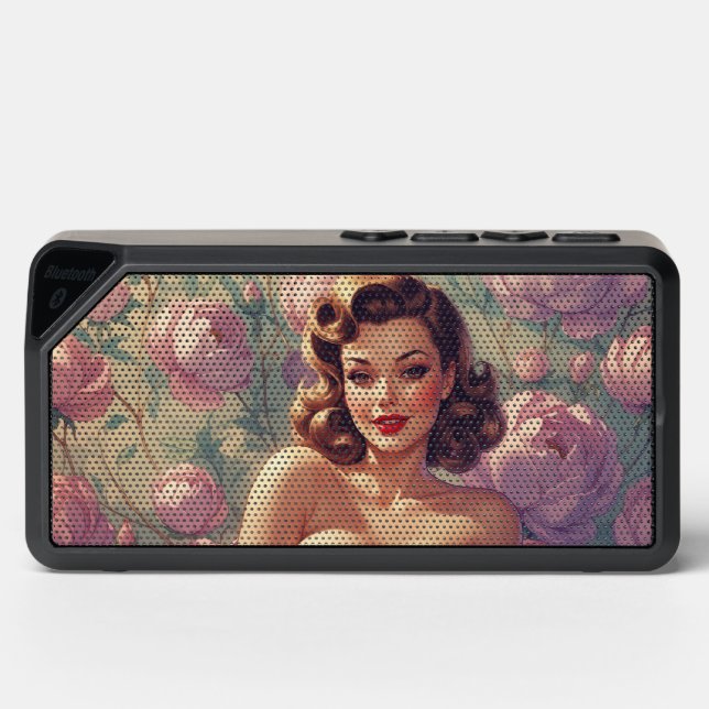 Brunette Pin-Up Pastel Flowers Bluetooth Speaker (Front)