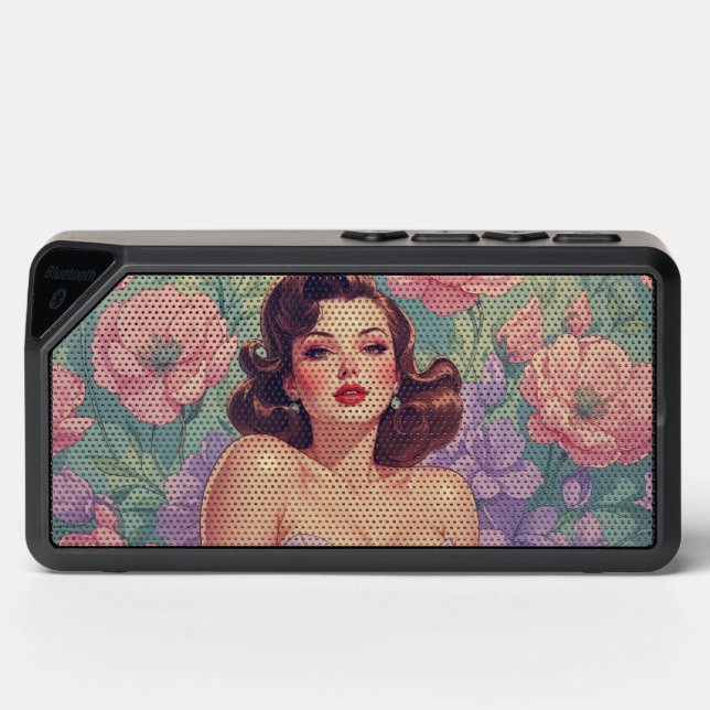 Brunette Pin-Up Pastel Flowers Bluetooth Speaker (Front)