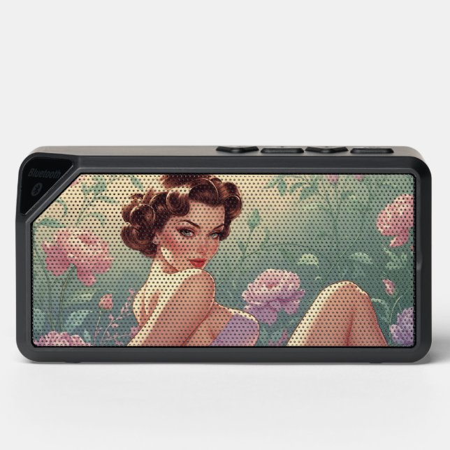 Brunette Pin-Up Pastel Flowers  Bluetooth Speaker (Front)