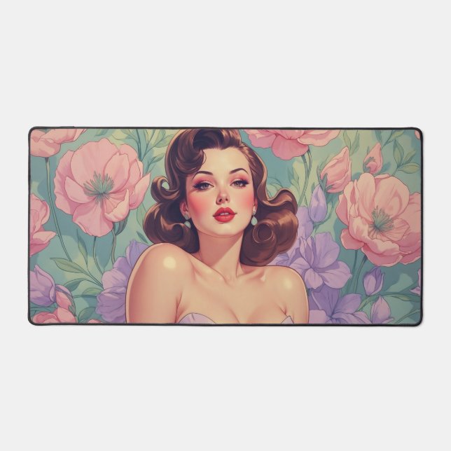 Brunette Pin-Up Pastel Flowers Desk Mat (Front)