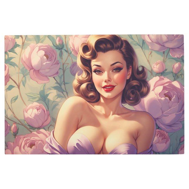 Brunette Pin-Up Pastel Flowers Metal Print (Front)